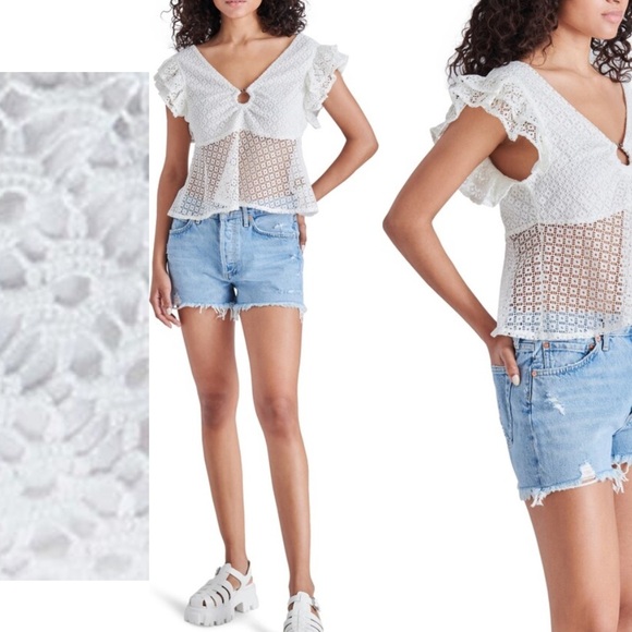 STEVE MADDEN Key to My Heart White Lace Ruffle Sleeve Top - Picture 4 of 11